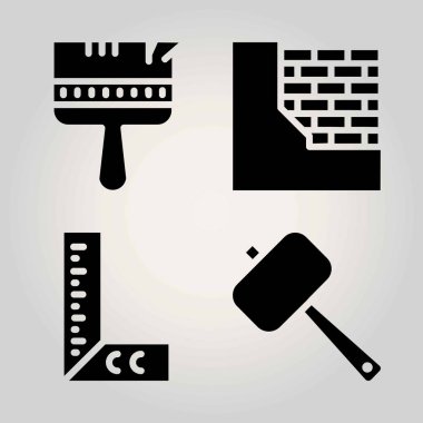 İnşaat vektör Icon set. boya fırçası, cetvel, çekiç ve brickwall