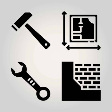 İnşaat vektör Icon set. İngiliz anahtarı, plan, brickwall ve çekiç