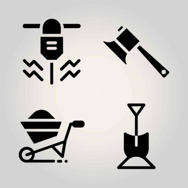 Bahçe vektör Icon set. delici, balta, kürek ve el arabası