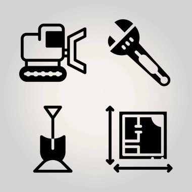 İnşaat vektör Icon set. kürek, buldozer, İngiliz anahtarı ve plan