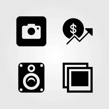 Düğmeleri Icons set vektör. bozuk para, fotoğraf makinesi ve hoparlör