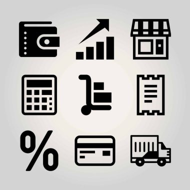 İş vektör Icon set. hesap makinesi, el arabası, evi ve kamyon