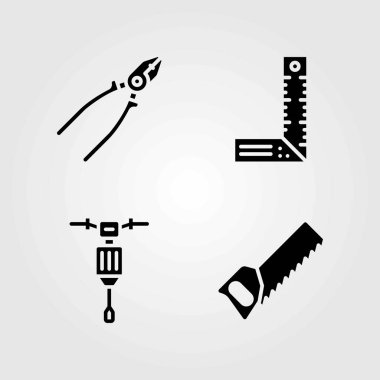 Araçlar Icons set vektör. Jackhammer, cetvel ve el testeresi