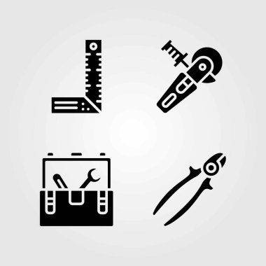 Araçlar Icons set vektör. Araç kutusu, cetvel ve tel kesici