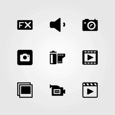Multimedya vektör simgeler kümesi. Film oynatıcı, fx ve video kamera