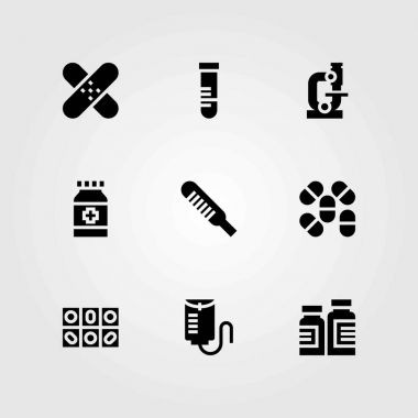 Tıp vektör simgeler kümesi. mikroskop, tüp ve tıp