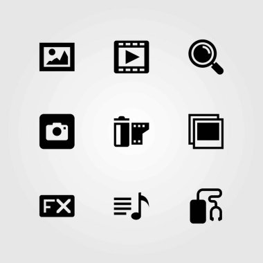Multimedya vektör simgeler kümesi. çalma listesi, film rulo ve film oyuncu