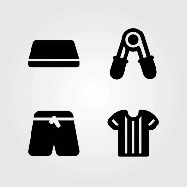 Fitness vektör simgeler kümesi. jimnastik minderi, spor pantolon ve gömlek