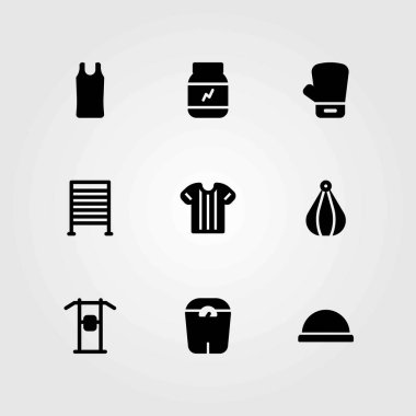 Fitness vektör simgeler kümesi. spor salonu barlar, gömlek ve delme