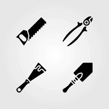 Araçlar Icons set vektör. Tel makası, testere ve kürek