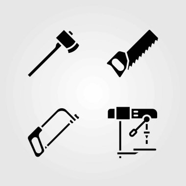 Araçlar Icons set vektör. Balta, matkap ve el testeresi