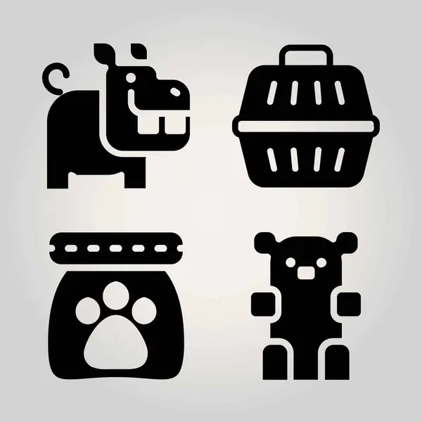 Conjunto de ícones vetoriais de animais. urso, portador de animais, alimento para animais de estimação e hipopótamo —  Vetores de Stock
