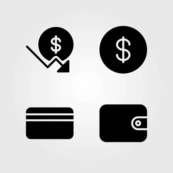Pénz vektoros ikonok beállítása. dollár, a hitelkártya és a dollár érme — Stock Vector