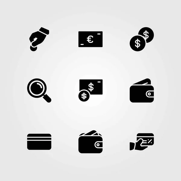 Money vector icons set. credit card, euro and dollar coin — Stock Vector