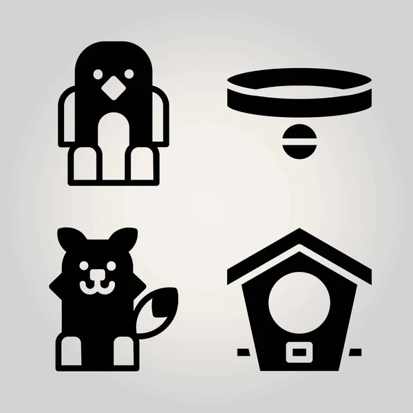 Animals Vektor Icon Set. Fuchs, Vogel, Vogelhaus und Halsband — Stockvektor