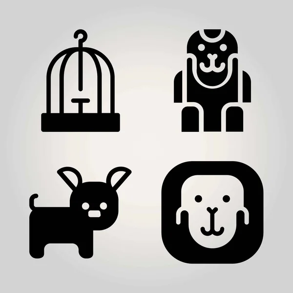 Animales vector icono conjunto. perro, jaula de aves y mono — Archivo Imágenes Vectoriales