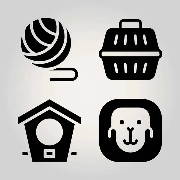 Conjunto de ícones vetoriais de animais. bola, casa de pássaros, portador de animais e macaco — Vetor de Stock