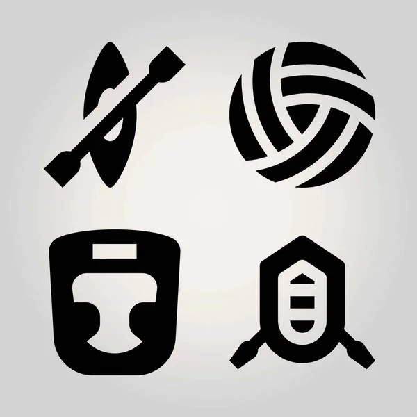 Spor vektör Icon set. Rafting, boks maskesi, kayak ve voleybol — Stok Vektör