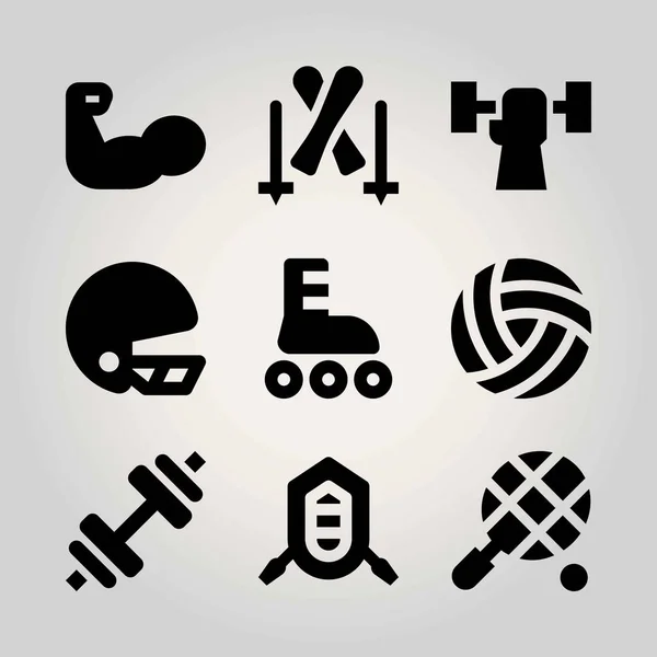 Sport vector icon set. labda, a sisak, a síelés és a tenisz — Stock Vector