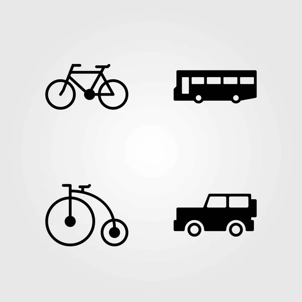 Conjunto de iconos vectoriales de transporte. autobús, coche y bicicleta — Archivo Imágenes Vectoriales