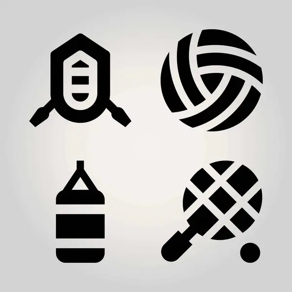 Deporte icono de vector conjunto. pelota, voleibol, saco de boxeo y rafting — Vector de stock