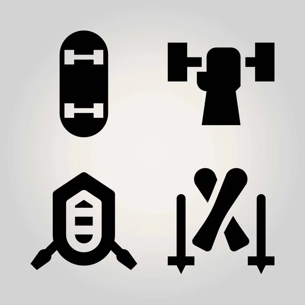 Sport vector icon set. weightlifting, rafting, skateboard and skiing — Stock Vector