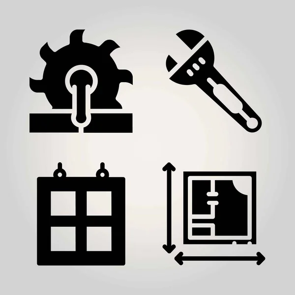 Conjunto de ícones vetoriais de construção. chave, planta, serra e janela — Vetor de Stock