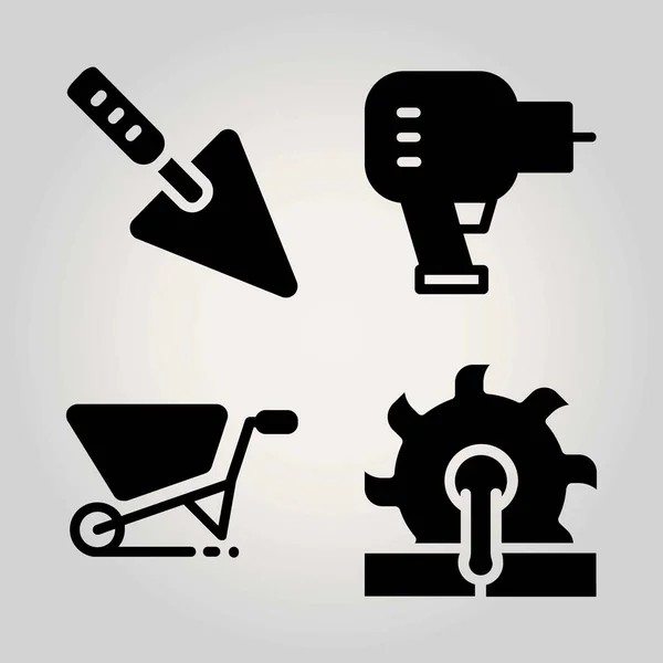 Conjunto de ícones vetoriais. carrinho de mão, serra, espátula e broca — Vetor de Stock