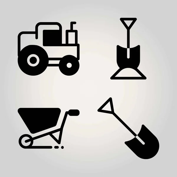 Landbouw vector icon set. kruiwagen, shovel en trekker — Stockvector