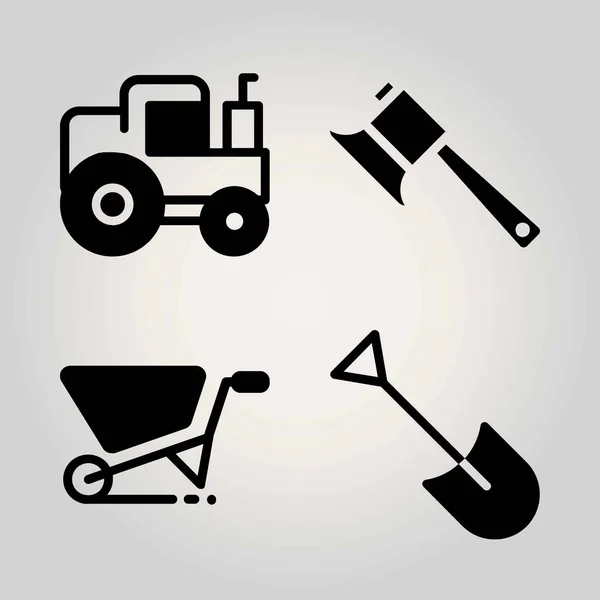 农业矢量图标集。拖拉机、斧头、手推车和铲子 — 图库矢量图片