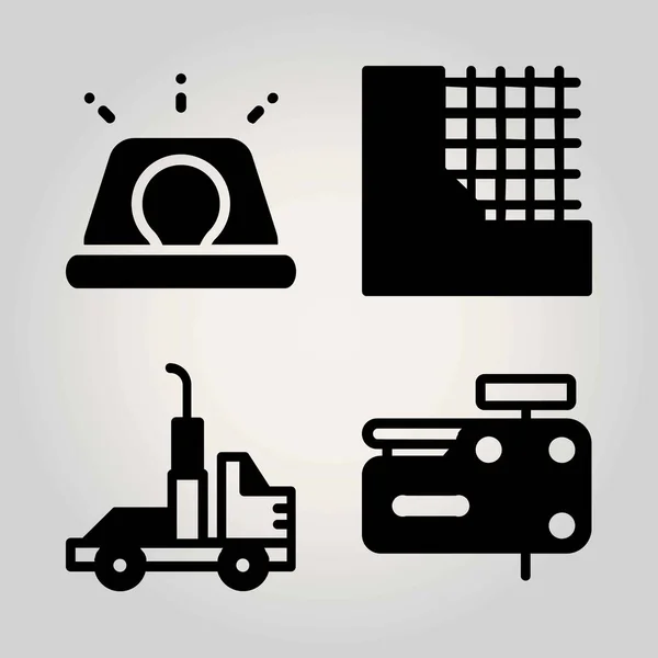 Conjunto de iconos de vector de construcción. pistola de clavos, camión, sirena y pared — Vector de stock
