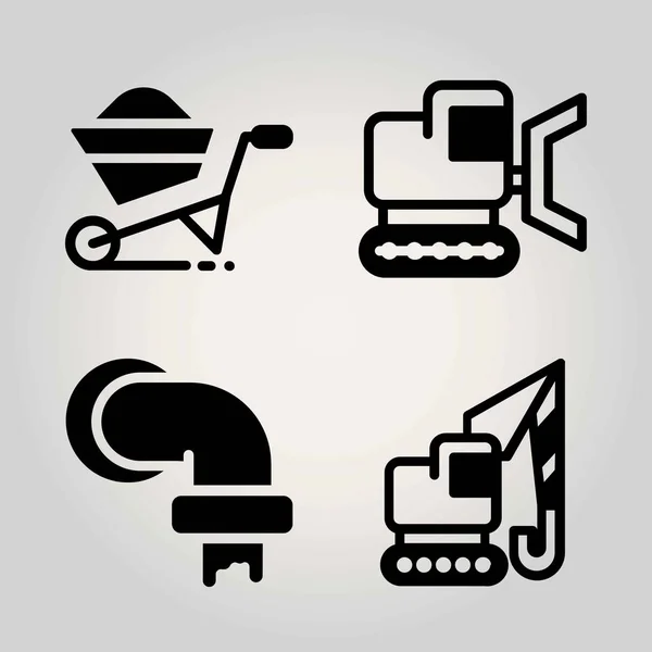 Conjunto de iconos de vector de construcción. grúa, carretilla, tubos y excavadora — Archivo Imágenes Vectoriales