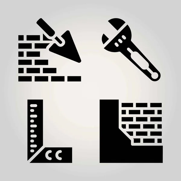 Conjunto de ícones vetoriais de construção. parede de tijolo, chave inglesa e régua — Vetor de Stock