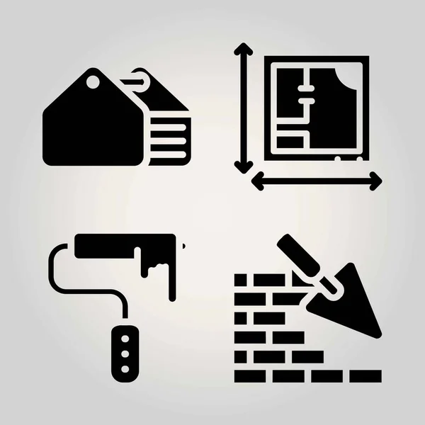 Conjunto de iconos de vector de construcción. rodillo de pintura, muro de ladrillo, caja de herramientas y plano — Vector de stock