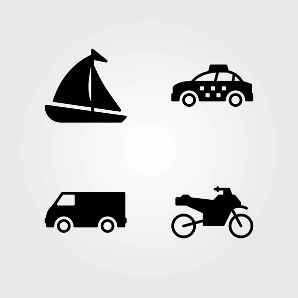 Conjunto de iconos vectoriales de transporte. furgoneta, motocicleta y taxi — Archivo Imágenes Vectoriales