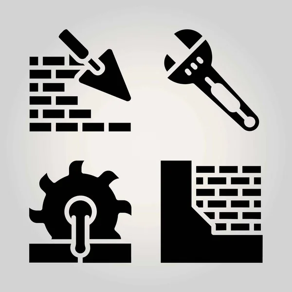 Conjunto de iconos de vector de construcción. sierra, llave inglesa y pared de ladrillo — Vector de stock
