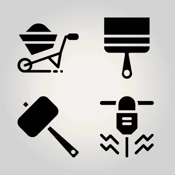 Набор векторных значков конструкции. тачка, молоток, кисть и бурильщик — стоковый вектор