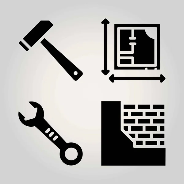 Ensemble d'icône vectorielle de construction. clé, plan, mur de briques et marteau — Image vectorielle