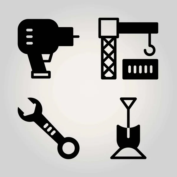 Construction vector icon set. crane, wrench, driller and shovel — Stock Vector