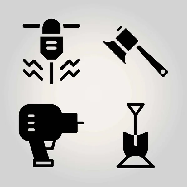 Garden vector icon set. driller, axe and shovel — Stock Vector