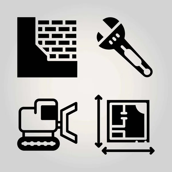 Conjunto de ícones vetoriais de construção. chave, bulldozer, planta e parede de tijolos — Vetor de Stock