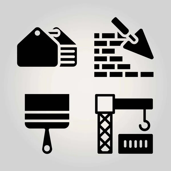 Conjunto de iconos de vector de construcción. pincel, grúa, pared de ladrillo y caja de herramientas — Vector de stock