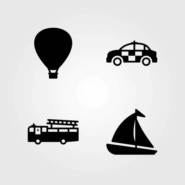 Setul de icoane vectoriale de transport. masina de politie, balon cu aer cald si barca cu vele — Vector de stoc