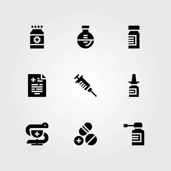 Zdravotní vektorové ikony nastavit. injekční stříkačkou, lékařský výsledek a baňky — Stockový vektor