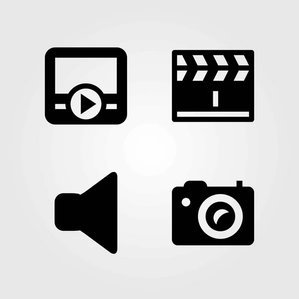 Conjunto de iconos vectoriales multimedia. altavoz, cámara fotográfica y clapperboard — Vector de stock