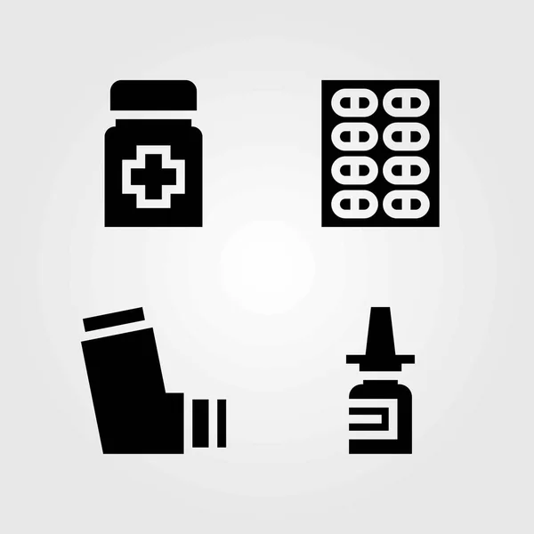 Conjunto de ícones vetoriais médicos. inalador, comprimidos e medicamentos — Vetor de Stock
