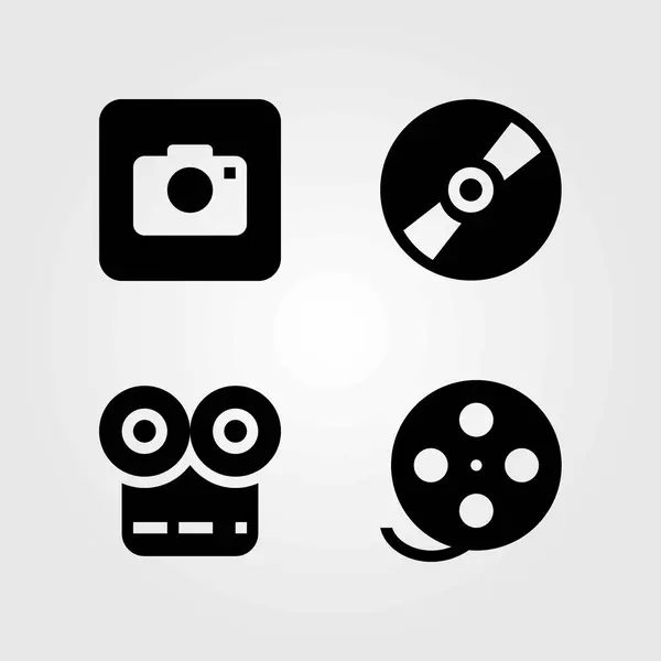 Conjunto de iconos vectoriales multimedia. disco compacto, reproductor de películas y cámara fotográfica — Vector de stock