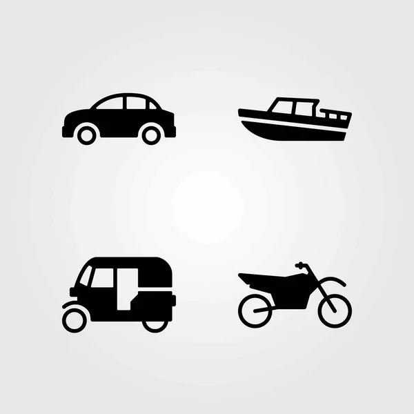 Набор значков транспортного вектора. мотоцикл, лодка и тук тук — стоковый вектор