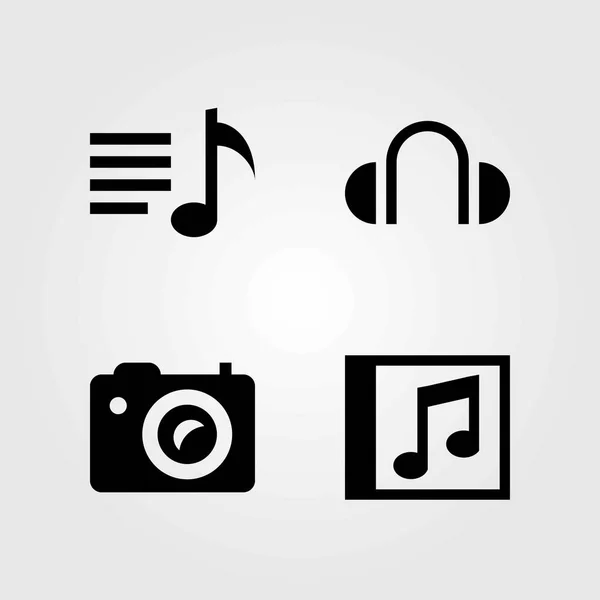 Conjunto de ícones vetoriais multimídia. disco compacto, fones de ouvido e câmera fotográfica — Vetor de Stock