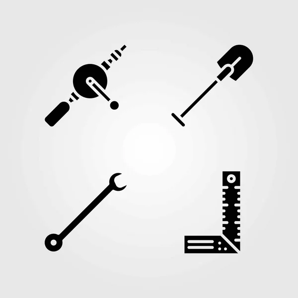 Набор векторных значков инструментов. ручная дрель, линейка и гаечный ключ — стоковый вектор
